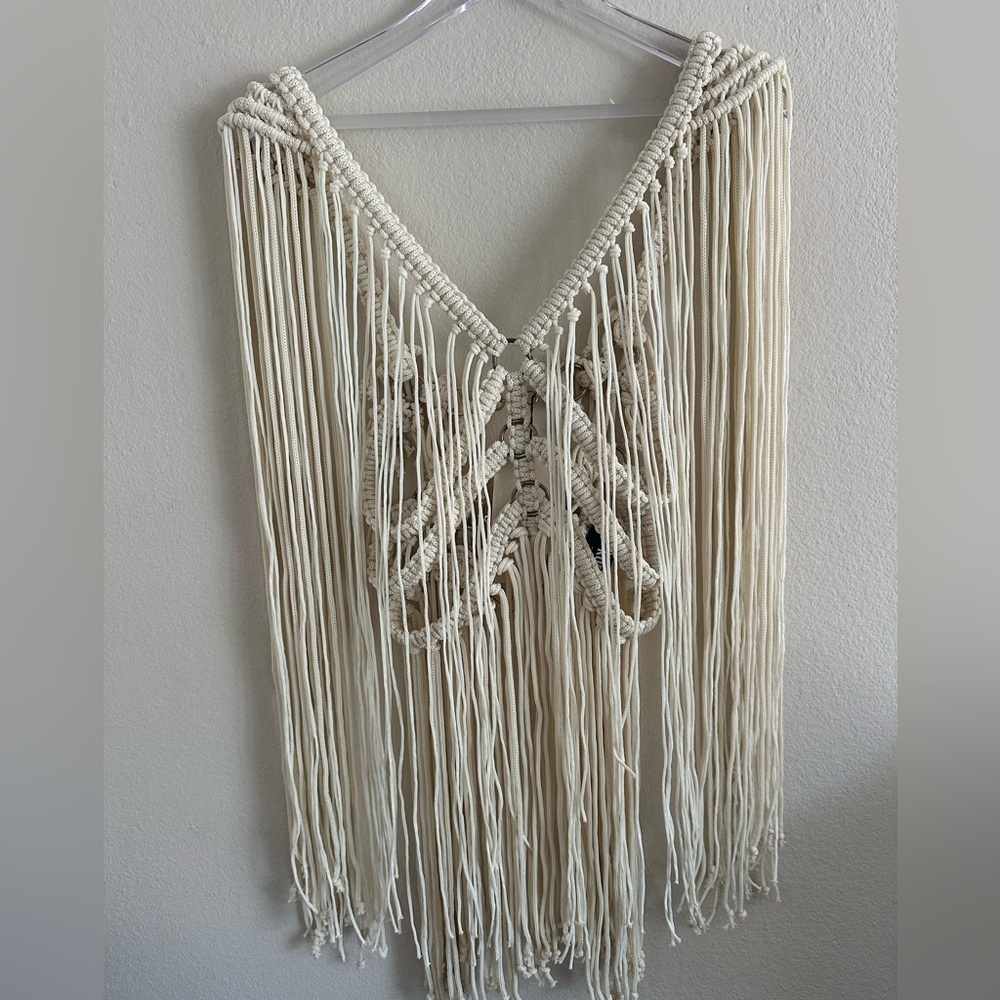 Karima - Greek Designer. Handmade Cream Knit & Fringe Bathing Suit Cover-Up